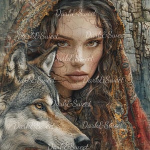 Verzauberte Waldfrau mit Wolf – Mystischer digitaler Kunstdruck von Boho Girl und Wolf-Gefährte in der Natur