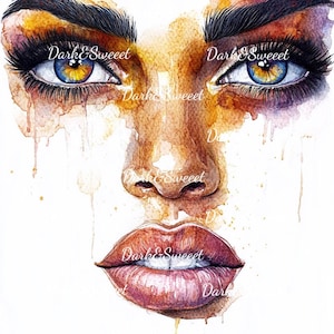 Gedurfd aquarelportret van een vrouw – realistisch vrouwelijk gezicht met intense ogen, druipende kleuren en artistieke expressie/hoge kwaliteit, png PNGEgg