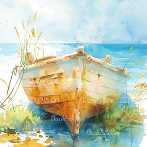 10 acquerelli piccola barca di legno sull'oceano Clip Art - PNG di alta qualità/stampa digitale/download digitale/artigianato