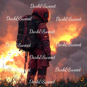 Impression d'art astronaute post-apocalyptique - paysage surréaliste de science-fiction avec coucher de soleil enflammé, explorateur solitaire en combinaison spatiale rouge, futuriste et dystopique