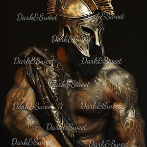 May include: A man wearing a gold helmet with a plume and gold body paint. He is sitting with a gold cloth draped over his shoulder.