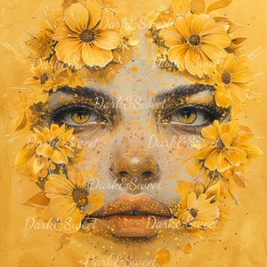 Gouden bloemengezicht kunst - elegante abstracte vrouw met bloemen/hoge kwaliteit png/digitale download/afdrukbare afbeelding