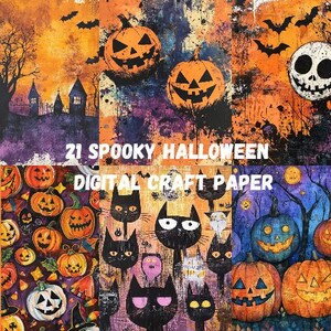 以下が含まれることがあります： ハロウィーンをテーマにしたデジタルクラフトペーパーのコラージュ。デザインには、ジャック・オー・ランタン、コウモリ、黒猫、オレンジ、紫、黒の不気味なシーンが含まれています。「21 Spooky Halloween Digital Craft Paper」と書かれています。