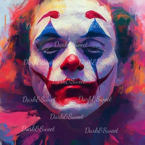 Retrato de payaso abstracto vívido: pintura expresionista audaz de un payaso de circo triste en colores vibrantes / PNG de alta calidad / Impresión digital