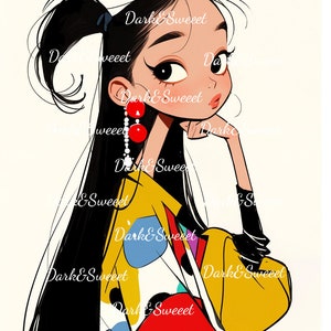 May include: A cartoon illustration of a woman with long black hair, wearing a yellow, red, blue, and white patterned jacket. She has red earrings and is looking to the side.