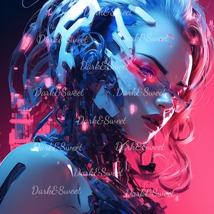 Cyberpunk Cyborg Woman Art Print - Futuristic Sci-Fi Female Portrait - Neon Tech Aesthetic Wall Art - Gothic Vampirepunk Decor/ PNG/Download