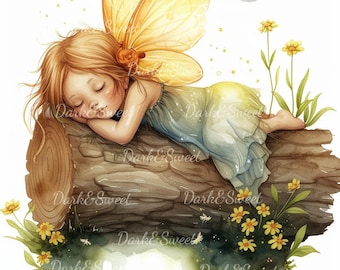 10 Watercolor Sleeping Fairy On A Tree Branch Part 1 Clip Art- High Quality JPGs/ Digital Print/ Digital Download/ Crafts