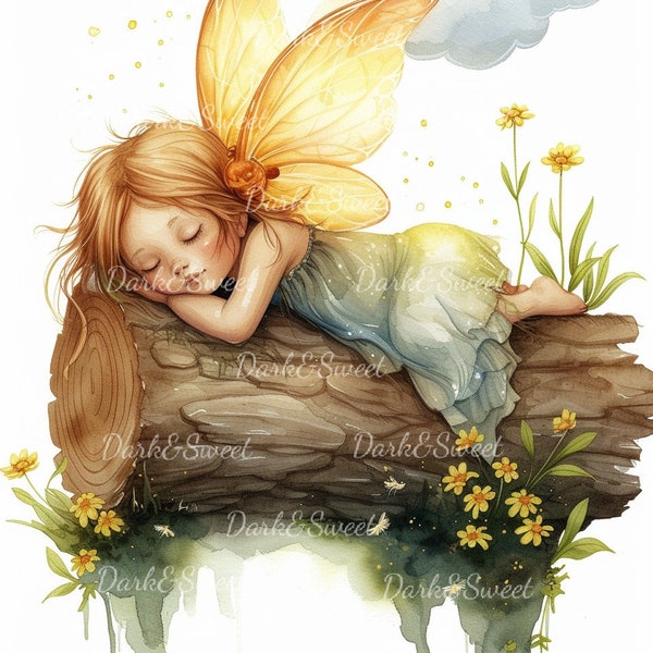 10 Watercolor Sleeping Fairy On A Tree Branch Part 1 Clip Art- High Quality JPGs/ Digital Print/ Digital Download/ Crafts