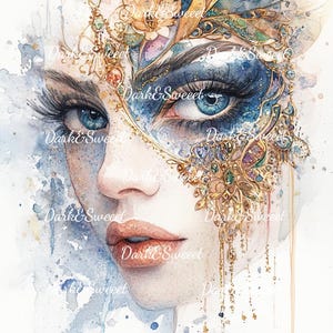 Elegant aquarelportret van vrouw met ingewikkeld gouden maskerademasker – blauwe ogen, fantasykunst en sieradenversieringen/hoge kwaliteit, png PNGEgg