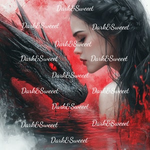 Blood Bond: Dark Dragon en Woman – Fantasy Bond-kunstwerk met rode en zwarte esthetiek/ PNG van hoge kwaliteit/ Digitale print/ Digitale download
