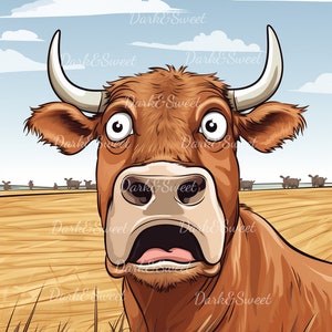 Impresión artística de vaca de dibujos animados sorprendida / Impresión artística de animales de granja divertidos / Decoración de vaca caprichosa PNG de alta calidad / Impresión digital / Descarga digital / Imagen imprimible