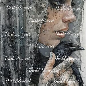 May include: A woman with dark hair and eyes is partially obscured by a veil. She is holding a black raven in her hand. The woman's hand is covered in intricate tattoos. The image is in black and white and has a dark and moody feel.