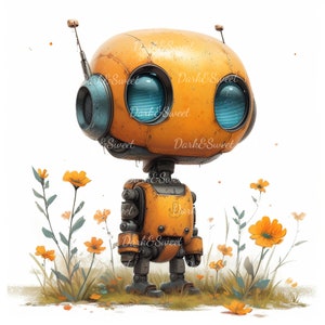 Könnte beinhalten: Ein kleiner, gelber Roboter mit blauen Augen steht in einem Feld mit gelben Blumen. Der Roboter hat einen runden Kopf und einen kleinen Körper mit Armen und Beinen. Der Roboter ist aus Metall und hat ein verwittertes, rostiges Aussehen.