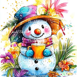 May include: A watercolor painting of a snowman wearing a hat and scarf, holding a cup of hot chocolate. The snowman is surrounded by colorful flowers and greenery.