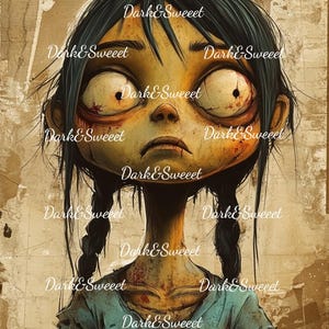 May include: A digital illustration of a young girl with dark hair and a blue shirt. Her face is pale and she has large, wide eyes. Her mouth is slightly open and she appears to be in distress. The background is a faded brown colour.