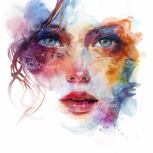 Ritratto di donna astratta ad acquerello - Arte del volto femminile etereo - Stampa artistica con schizzi di colore vibrante/ PNG/ Download digitale