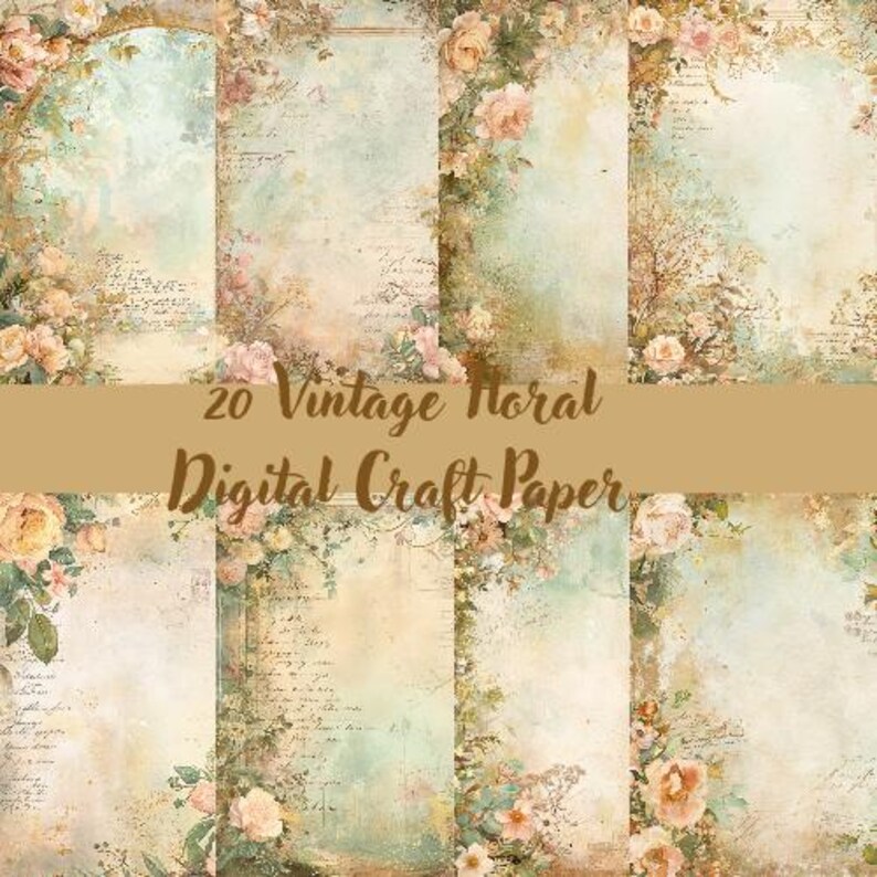 20 Vintage Floral Digital Paper Pack | Shabby Chic Rose Backgrounds for ...