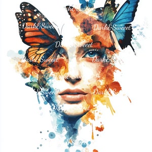 Aquarell Schmetterling Frau Kunstdruck - Abstraktes buntes weibliches Porträt mit Monarchfalter und blauen Schmetterlingen - Boho Wanddekoration / hohe Qualität