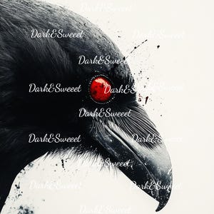 May include: A close-up illustration of a raven's head, featuring black feathers and a striking red eye. The raven's beak is dark, and the background is a soft white. The image has a dark, gothic aesthetic, with the text "Dark&Sweeet" repeated across the image.