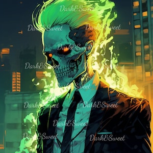 Stampa artistica teschio fiammeggiante - Scheletro fantasma verde neon in abito - Decorazione murale fantasy urbana - Poster cyberpunk - Decorazione scheletro - Download digitale