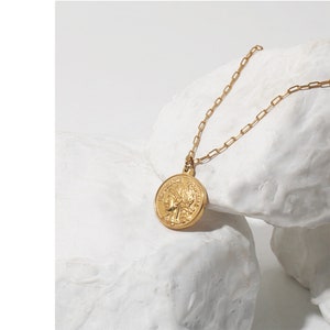 Gold Coin Medallion Necklace, Layer Link Chain, Paperclip Necklace, 18k Gold Layered image 7