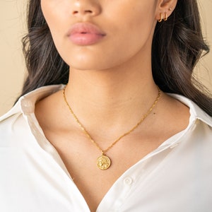 Gold Coin Medallion Necklace, Layer Link Chain, Paperclip Necklace, 18k Gold Layered image 2