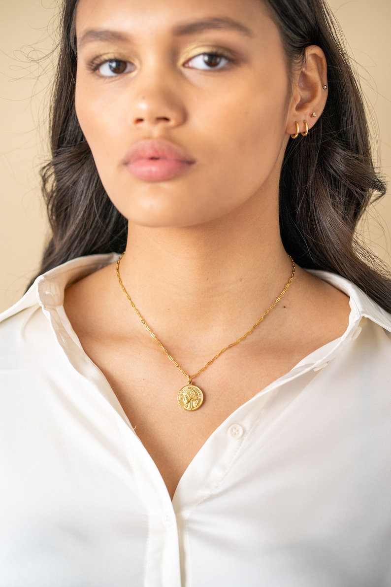 Gold Coin Medallion Necklace, Layer Link Chain, Paperclip Necklace, 18k Gold Layered image 2