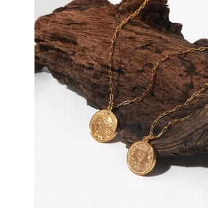 Gold Coin Medallion Necklace, Layer Link Chain, Paperclip Necklace, 18k Gold Layered image 6