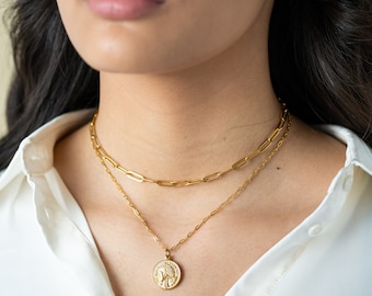 Gold Coin Medallion Necklace, Layer Link Chain, Paperclip Necklace, 18k Gold Layered