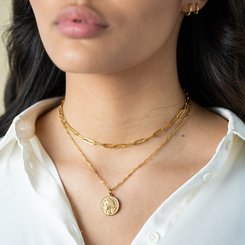 Gold Coin Medallion Necklace, Layer Link Chain, Paperclip Necklace, 18k Gold Layered image 1