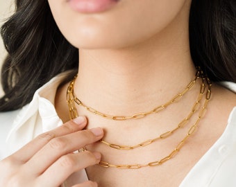 Gold Link Choker Link Chain Necklace Set, Paperclip Link Necklace Set, 18k Gold Layered