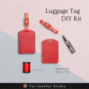 May include: DIY luggage tag kit with two red leather tags, one with a strap, a spool of red thread, two needles, a pair of small scissors, and the text "Luggage Tag DIY Kit".