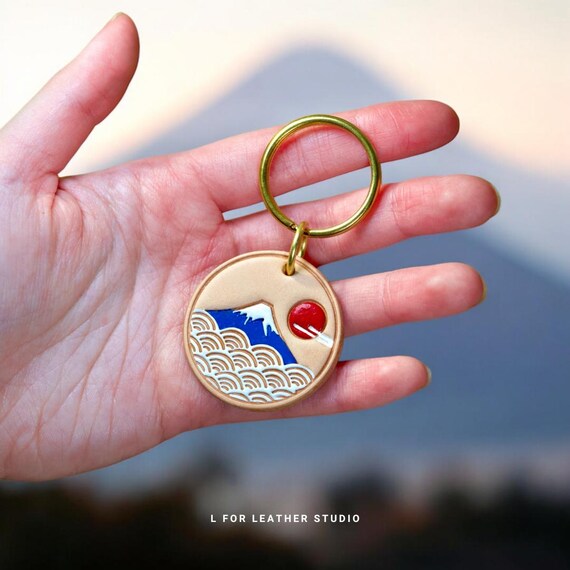 Mount Fuji Keychain - Hand Painted Leather Keychain - Japanese Art