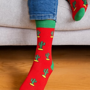 Calcetines de algodón con diseño retro de cactus rojos / Regalo unisex divertido y novedoso / Calcetines geniales para amantes de las plantas