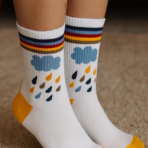 Colorful Cotton Crew Socks – Striped Cloud & Raindrop Design | Fun Gift Socks Unisex