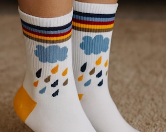 Bunte Baumwollsocken - Gestreifte Wolke & Regentropfen Design | Spaß Geschenk Socken Unisex