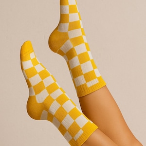 Orange Checkerboard Cotton Crew Socks: Retro Novelty Gift