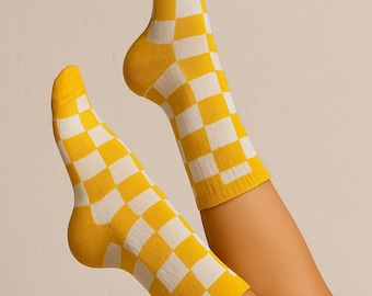 Orange Checkerboard Cotton Crew Socks: Retro Novelty Gift