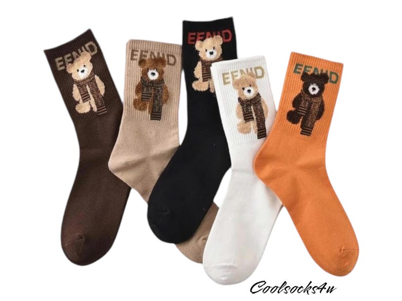 Cute Teddy Bear Crew Socks 4-Pair Set – Cozy Thick Cotton Winter Socks For Women & Men, Black Rust Cream Olive - View #6