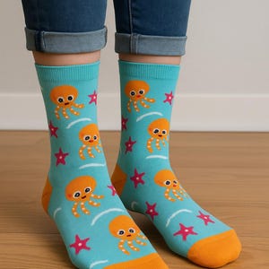 Orange Octopus Crew Socks | Aqua Blue Nautical Cotton Unisex Socks for Men Women, Marine Life Gift