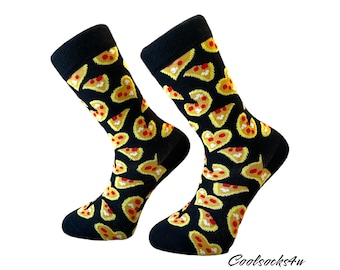 May include: A pair of black socks with a pizza slice pattern. The socks are made of cotton and have a comfortable fit.