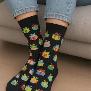 Christmas Gift Boxes Crew Socks |  Holiday Cotton Socks | Fun Festive Xmas Stocking Stuffer | Cozy Novelty Winter Socks for Men & Women