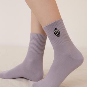 Purple Grape Embroidered Cotton Crew Socks | Fun Fruit Socks Gift for Women & Men