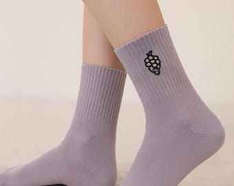 Embroidered Purple Grape Socks Fun Cotton Crew Socks
