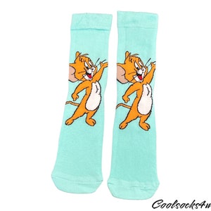 Retro Cartoon Cat Crew Socks – Checkerboard Pattern – Fun Unisex Gift