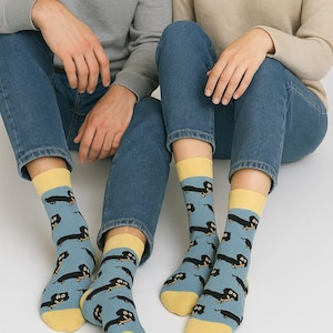 Dachshund Dog Crew Socks | Blue Cotton Fun Novelty Socks for Dog Lovers | Cute Gift for Men & Women