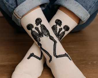 Skeleton Crew Socks, Black Gothic Skull Socks, Alternative Streetwear