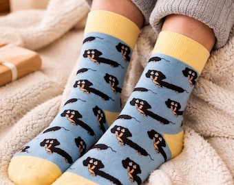 Dachshund Crew Socks – Blue Cotton Novelty Gift