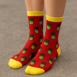 Red Pineapple Crew Socks | Fun Tropical Fruit Cotton Socks, Quirky Unisex Novelty Gift