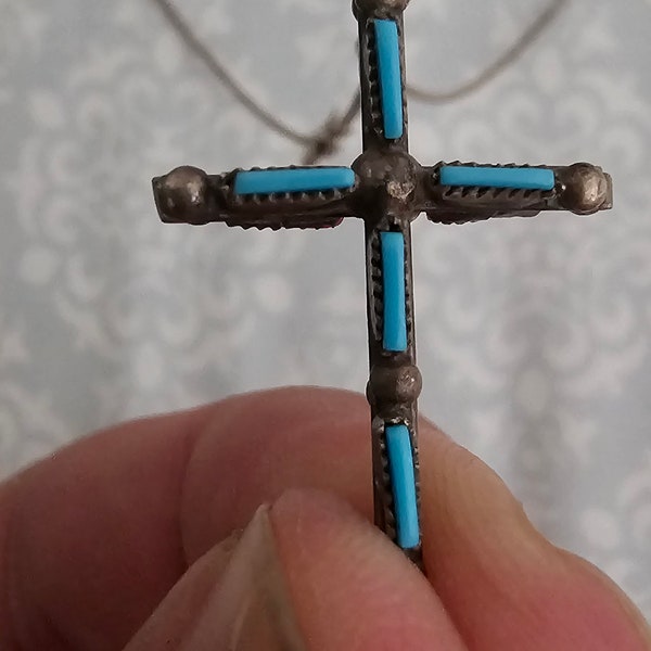 Vintage 2 sided Turquoise and Coral .925 Zuni Cross Pendant with Vintage .925 Box Chain